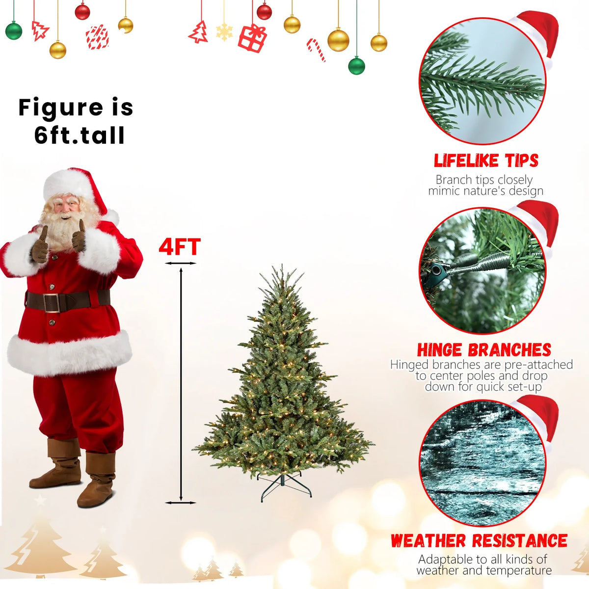 Pre-Lit Green PE/PVC Artificial Christmas Tree with Hinged Branches, 4–7.5 ft