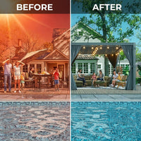12X20 Louvered Pergola,Dark Grey Aluminum Frame with Adjustable Rainproof Roof, Featuring Waterproof Curtains and Nets — Before & After