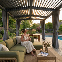 12X20 Louvered Pergola,Dark Grey Aluminum Frame with Adjustable Rainproof Roof, Featuring Waterproof Curtains and Nets — Lifestyle