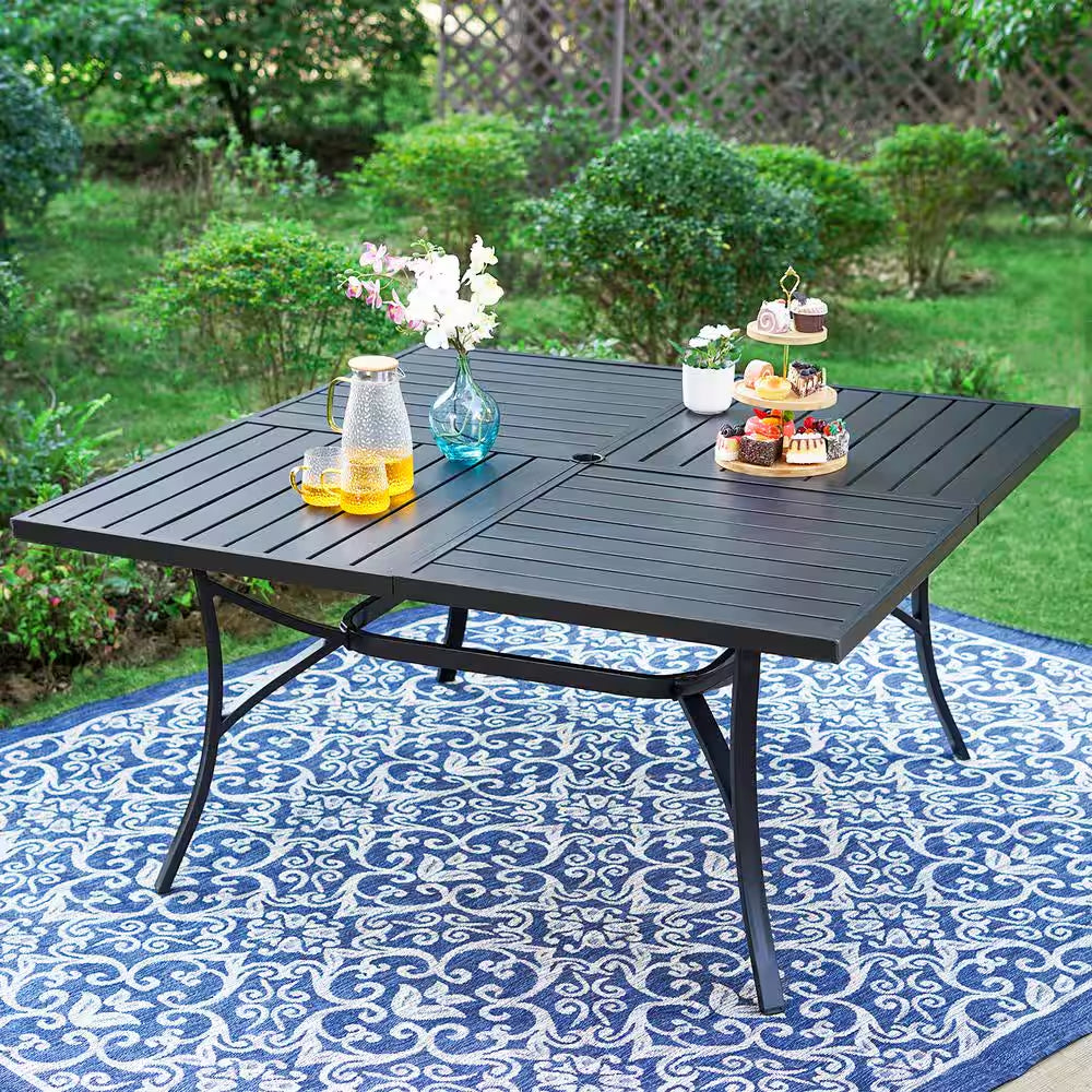 Black 9-Piece Metal Patio Outdoor Dining Set with Slat Square Table and Textilene Swivel Chairs