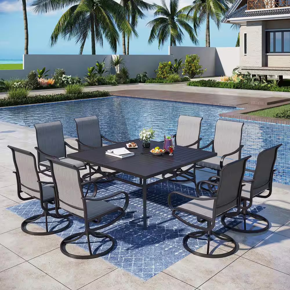 Black 9-Piece Metal Patio Outdoor Dining Set with Slat Square Table and Textilene Swivel Chairs
