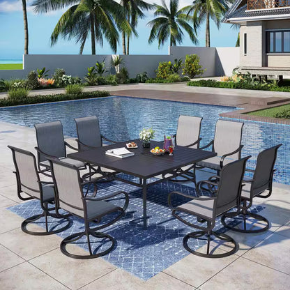 Black 9-Piece Metal Patio Outdoor Dining Set with Slat Square Table and Textilene Swivel Chairs