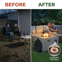34 Inch Square Concrete Propane Fire Pit Table with Lava Rocks and Cover 50,000 BTU — Before & After