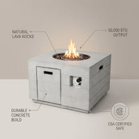 34 Inch Square Concrete Propane Fire Pit Table with Lava Rocks and Cover 50,000 BTU — infographic
