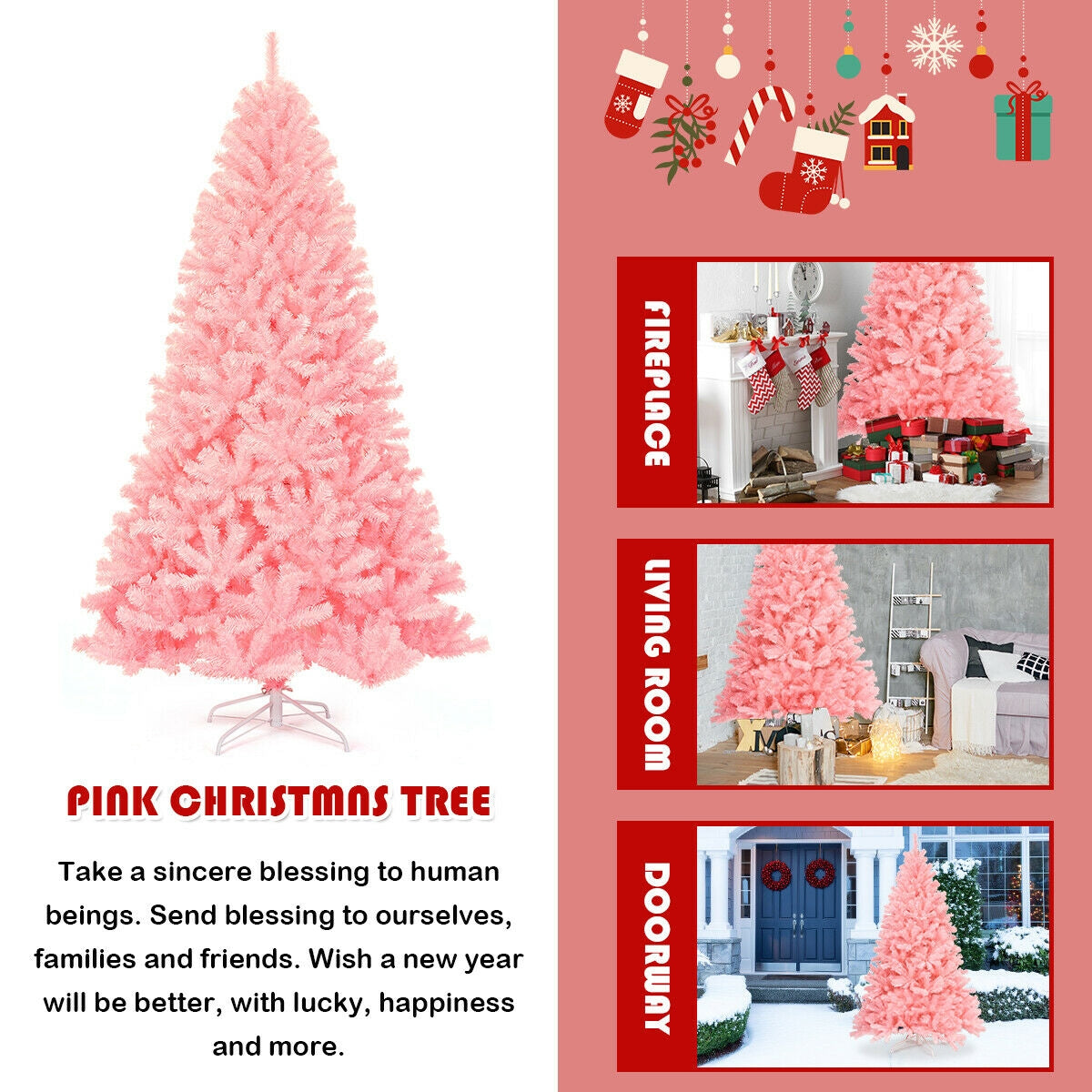 7.5 ft Pink Artificial Christmas Tree with Hinged Branches