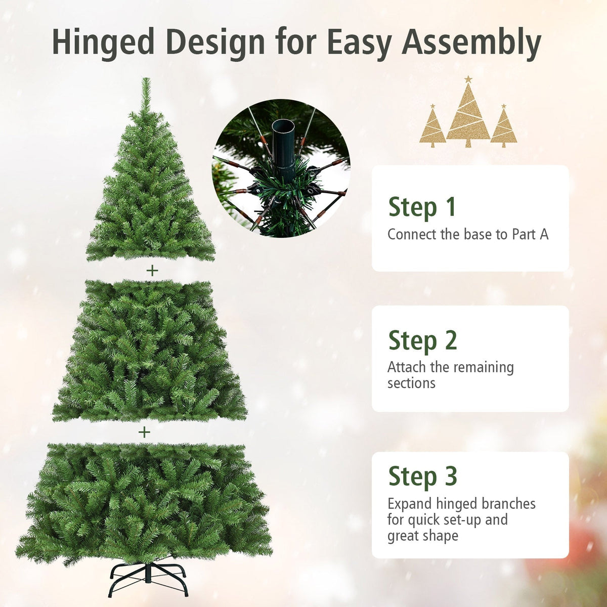 Premium Green PVC Artificial Christmas Tree with Hinged Branches, 6–9 ft