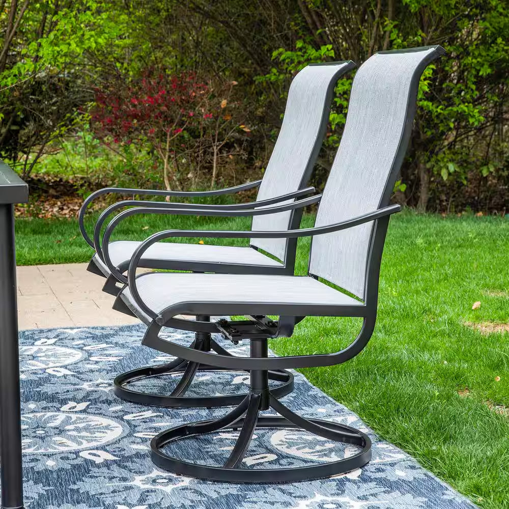 Black 9-Piece Metal Patio Outdoor Dining Set with Slat Square Table and Textilene Swivel Chairs