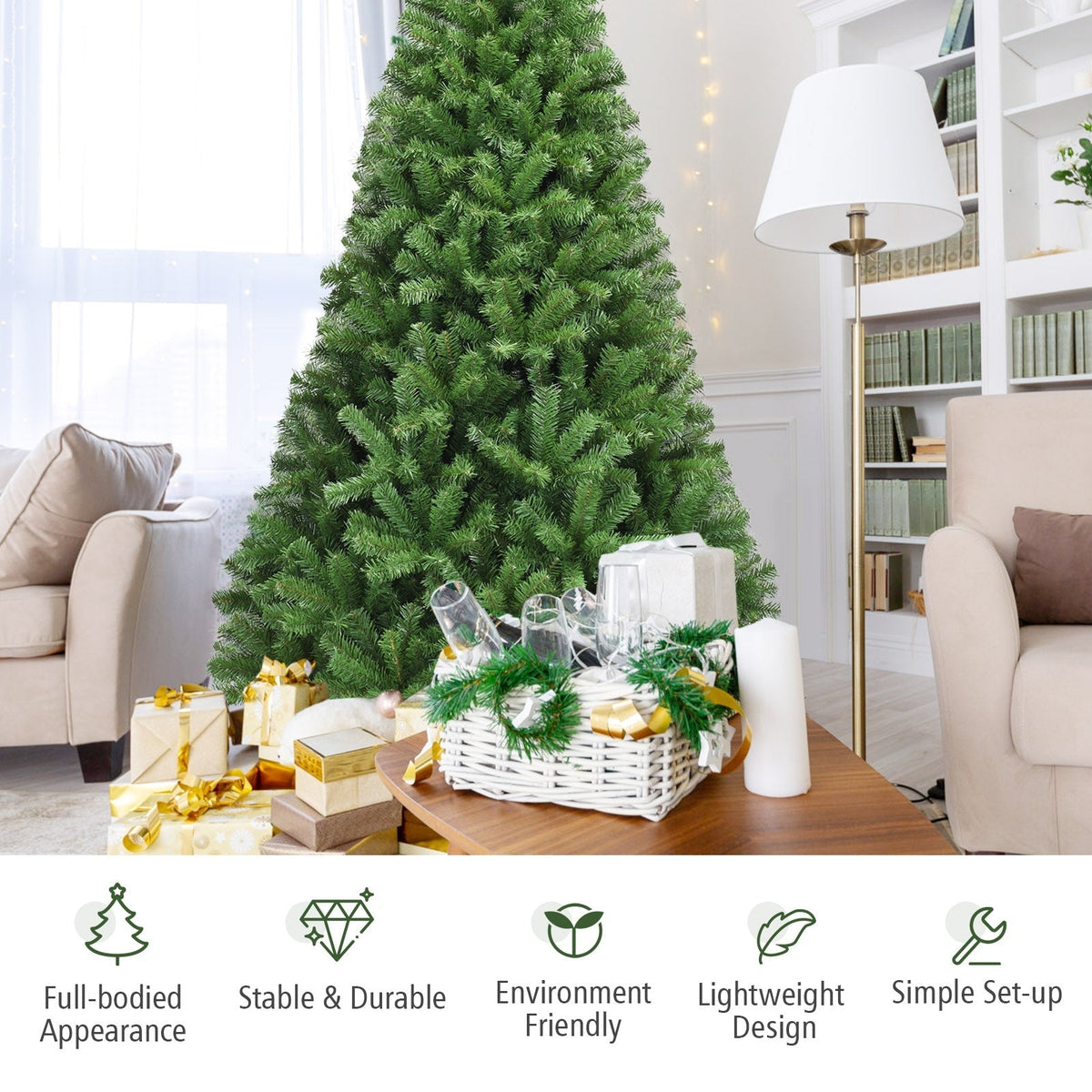 Premium Green PVC Artificial Christmas Tree with Hinged Branches, 6–9 ft