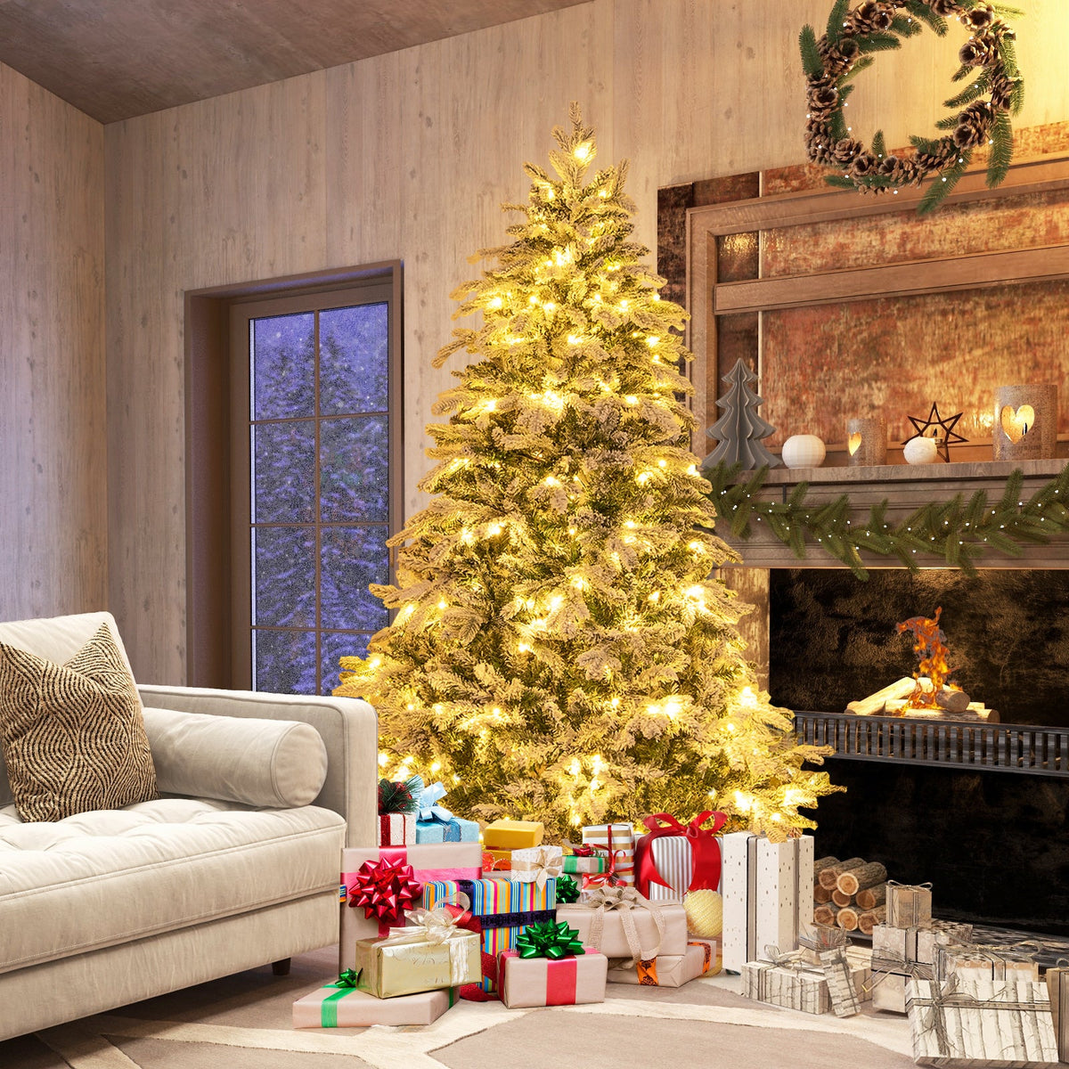 Flocked Christmas Tree with Warm White LED Lights, 4.5–7 ft