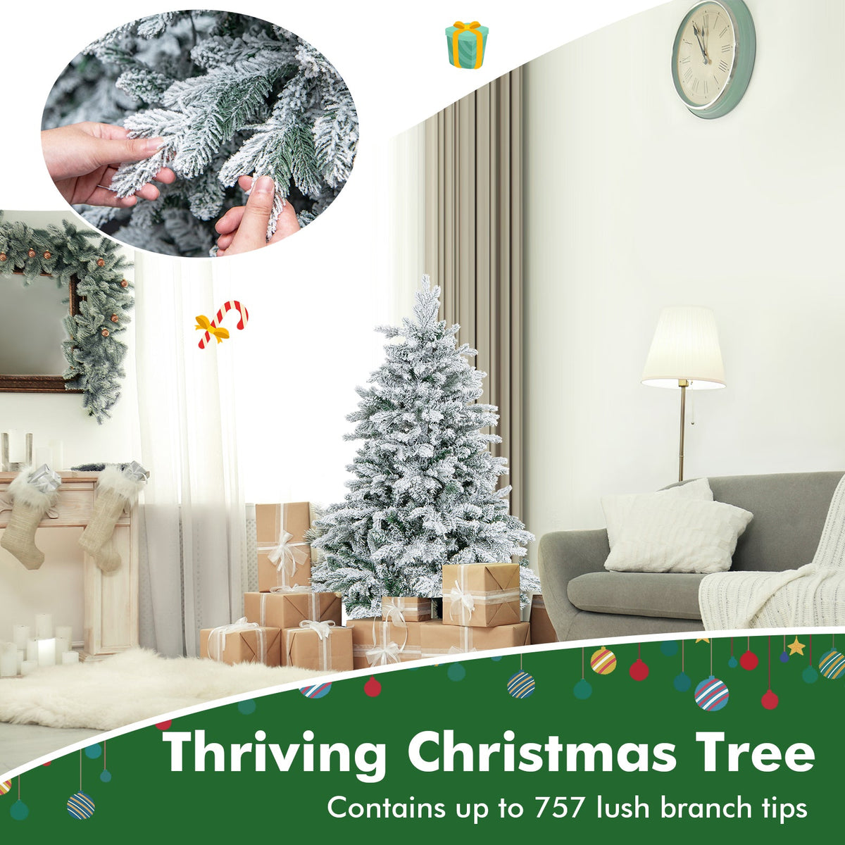 Flocked Christmas Tree with Warm White LED Lights, 4.5–7 ft