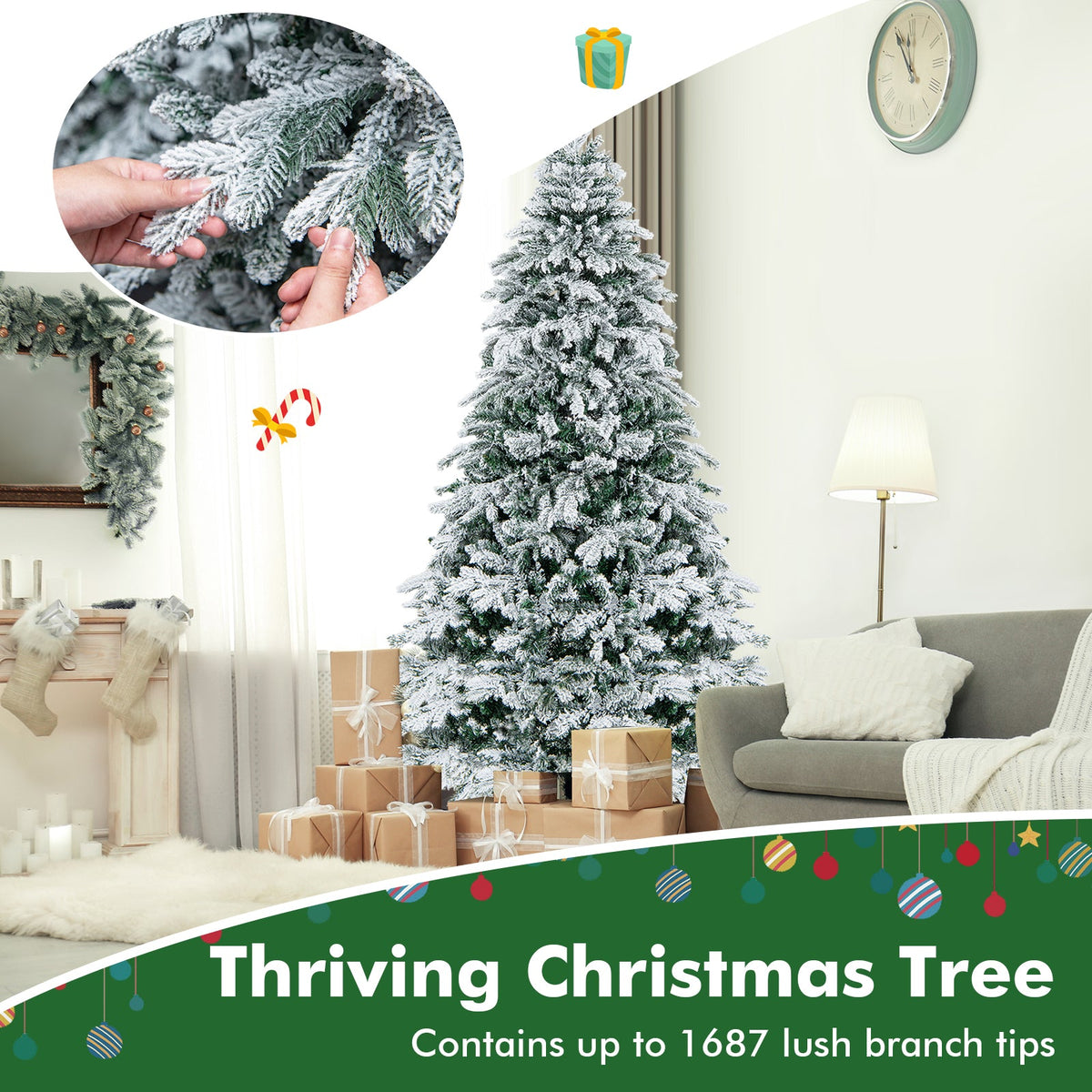 Flocked Christmas Tree with Warm White LED Lights, 4.5–7 ft