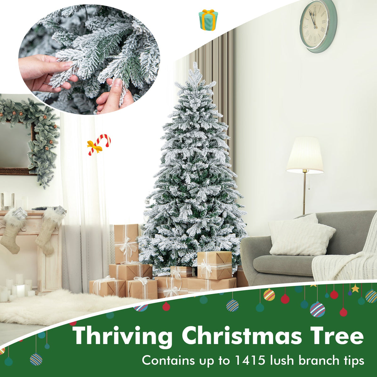 Flocked Christmas Tree with Warm White LED Lights, 4.5–7 ft
