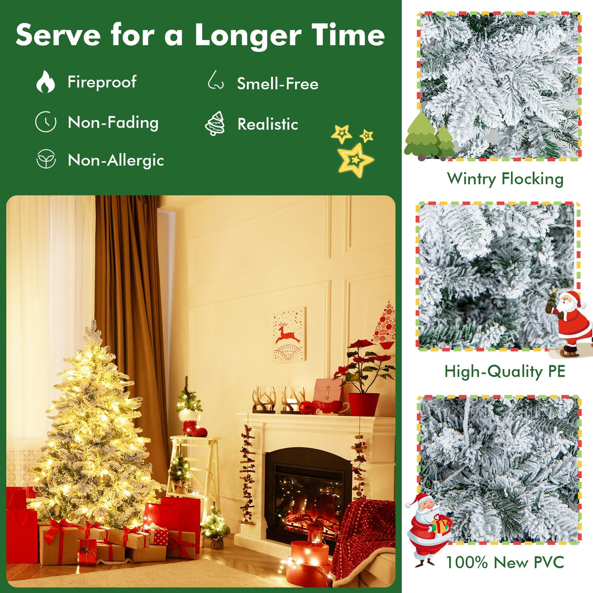 Flocked Christmas Tree with Warm White LED Lights, 4.5–7 ft