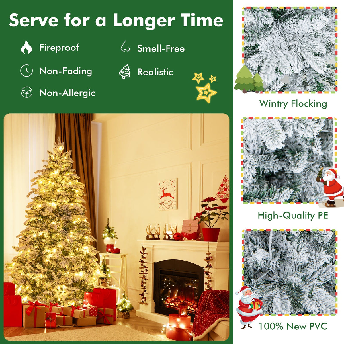 Flocked Christmas Tree with Warm White LED Lights, 4.5–7 ft