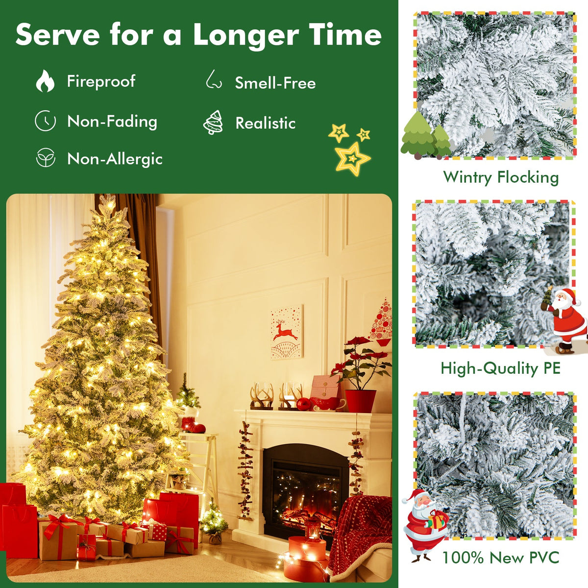 Flocked Christmas Tree with Warm White LED Lights, 4.5–7 ft