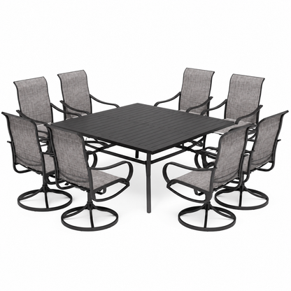 Black 9-Piece Metal Patio Outdoor Dining Set with Slat Square Table and Textilene Swivel Chairs