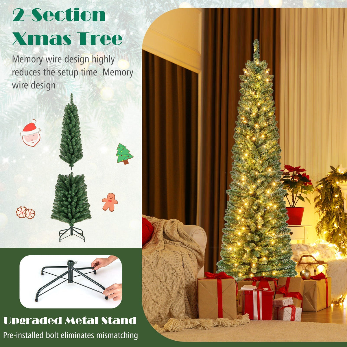 Slim Pencil Christmas Tree with Warm LED Lights, 5–8 ft
