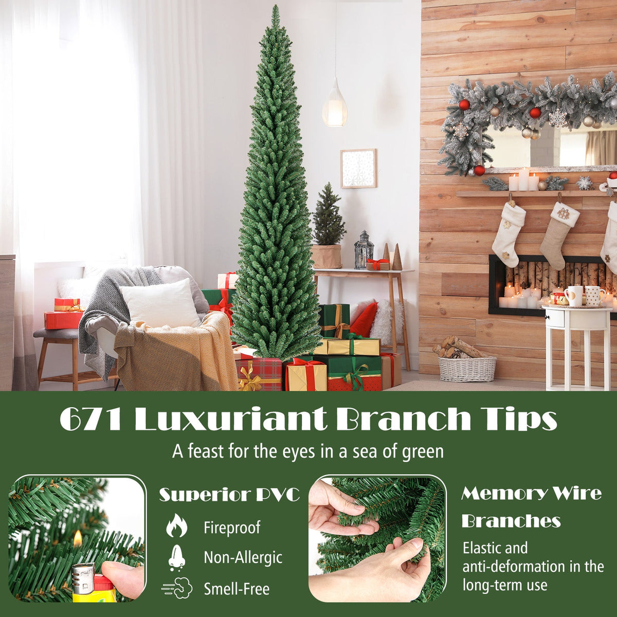 Slim Pencil Christmas Tree with Warm LED Lights, 5–8 ft