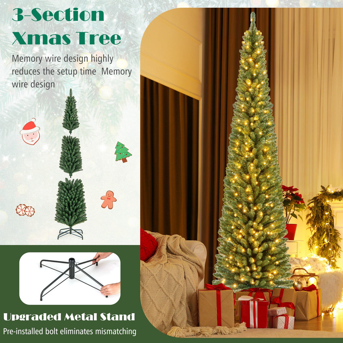Slim Pencil Christmas Tree with Warm LED Lights, 5–8 ft
