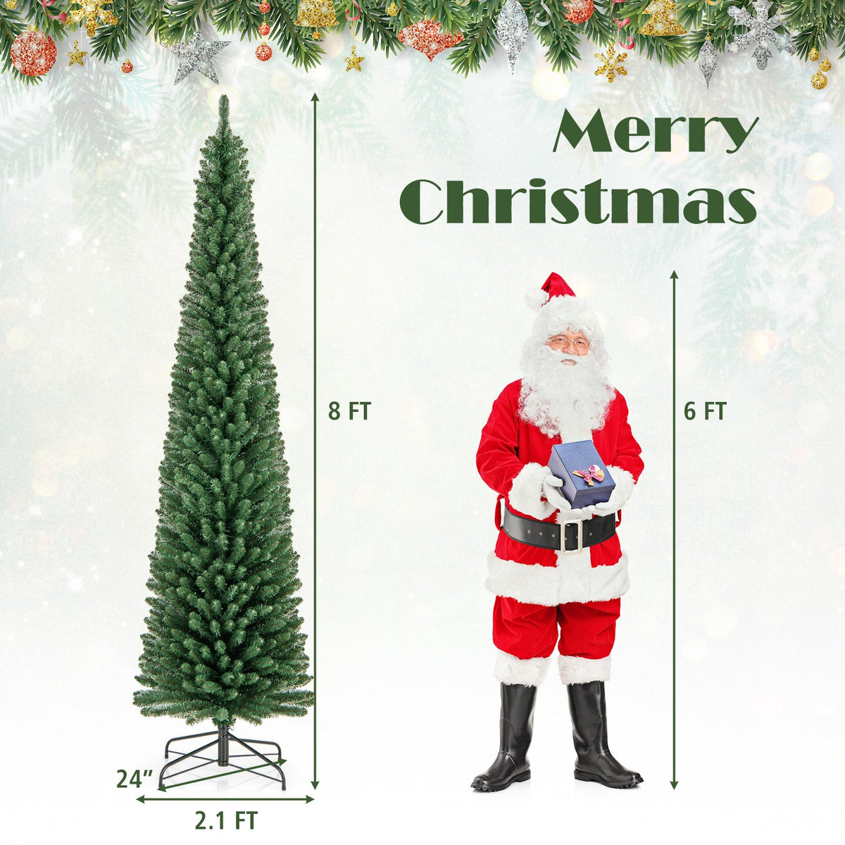 Slim Pencil Christmas Tree with Warm LED Lights, 5–8 ft