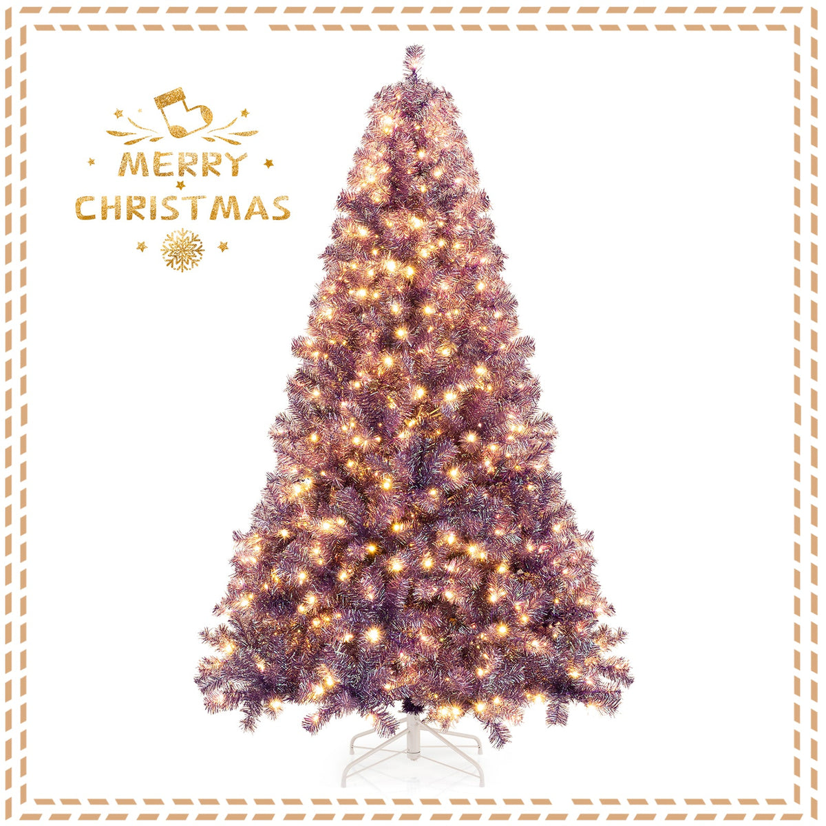 Pre-Lit Tinsel Christmas Tree Artificial Xmas Tree with Lush Branch Tips and Warm White LED Lights