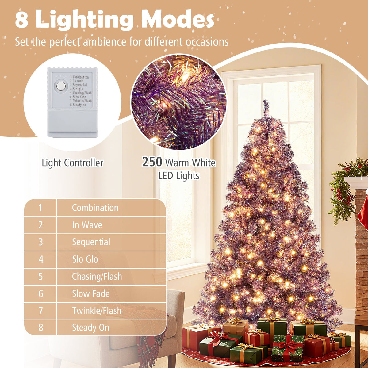 Pre-Lit Tinsel Christmas Tree Artificial Xmas Tree with Lush Branch Tips and Warm White LED Lights