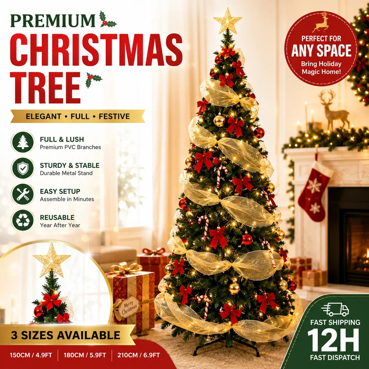 Artificial Christmas Tree with Lights Red Gold Decorations PVC Xmas Tree Easy Assembly 150/180/210cm Holiday Home Decor