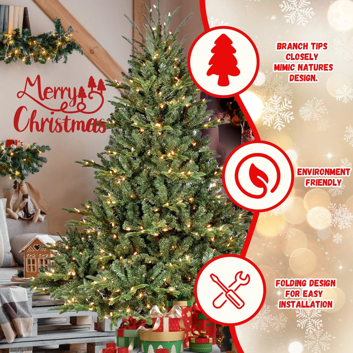 Pre-Lit Green PE/PVC Artificial Christmas Tree with Hinged Branches, 4–7.5 ft