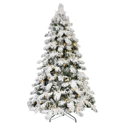 7FT Pre-lit Flocked Artificial Christmas Tree, Snow Flocked Xmas Tree with 360 Warm White LED Lights, 890 PVC Memory Wire Tips, Hinged Structure for Indoor Holiday Decor