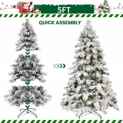 7FT Pre-lit Flocked Artificial Christmas Tree, Snow Flocked Xmas Tree with 360 Warm White LED Lights, 890 PVC Memory Wire Tips, Hinged Structure for Indoor Holiday Decor