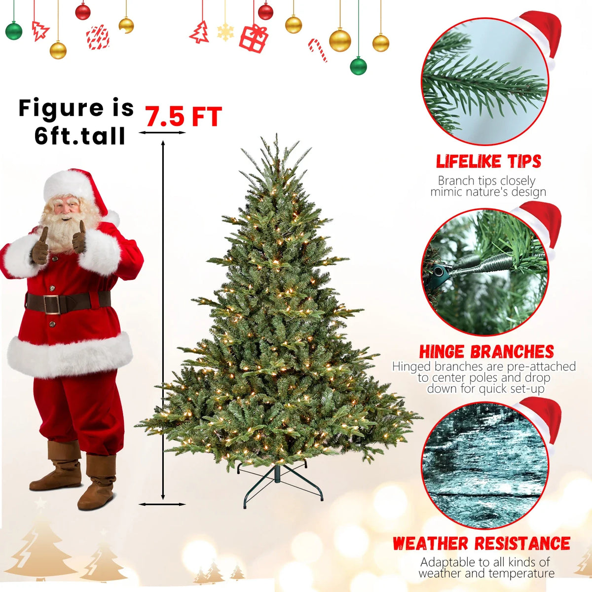 Pre-Lit Green PE/PVC Artificial Christmas Tree with Hinged Branches, 4–7.5 ft