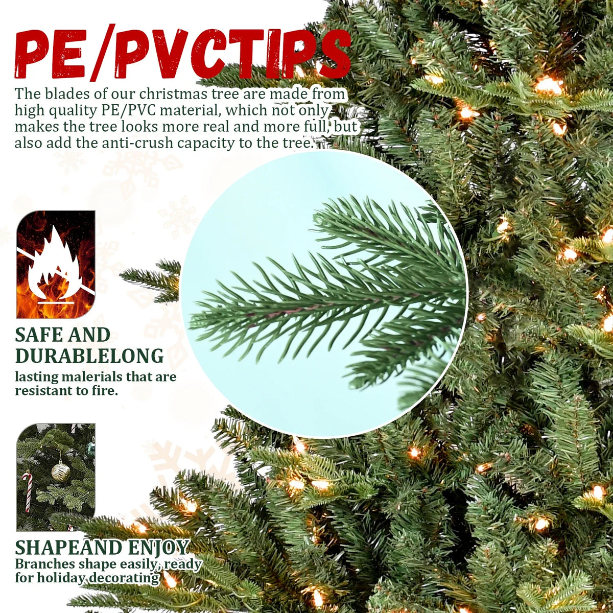 Pre-Lit Green PE/PVC Artificial Christmas Tree with Hinged Branches, 4–7.5 ft