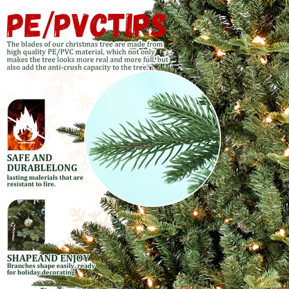 Pre-Lit Green PE/PVC Artificial Christmas Tree with Hinged Branches, 4–7.5 ft