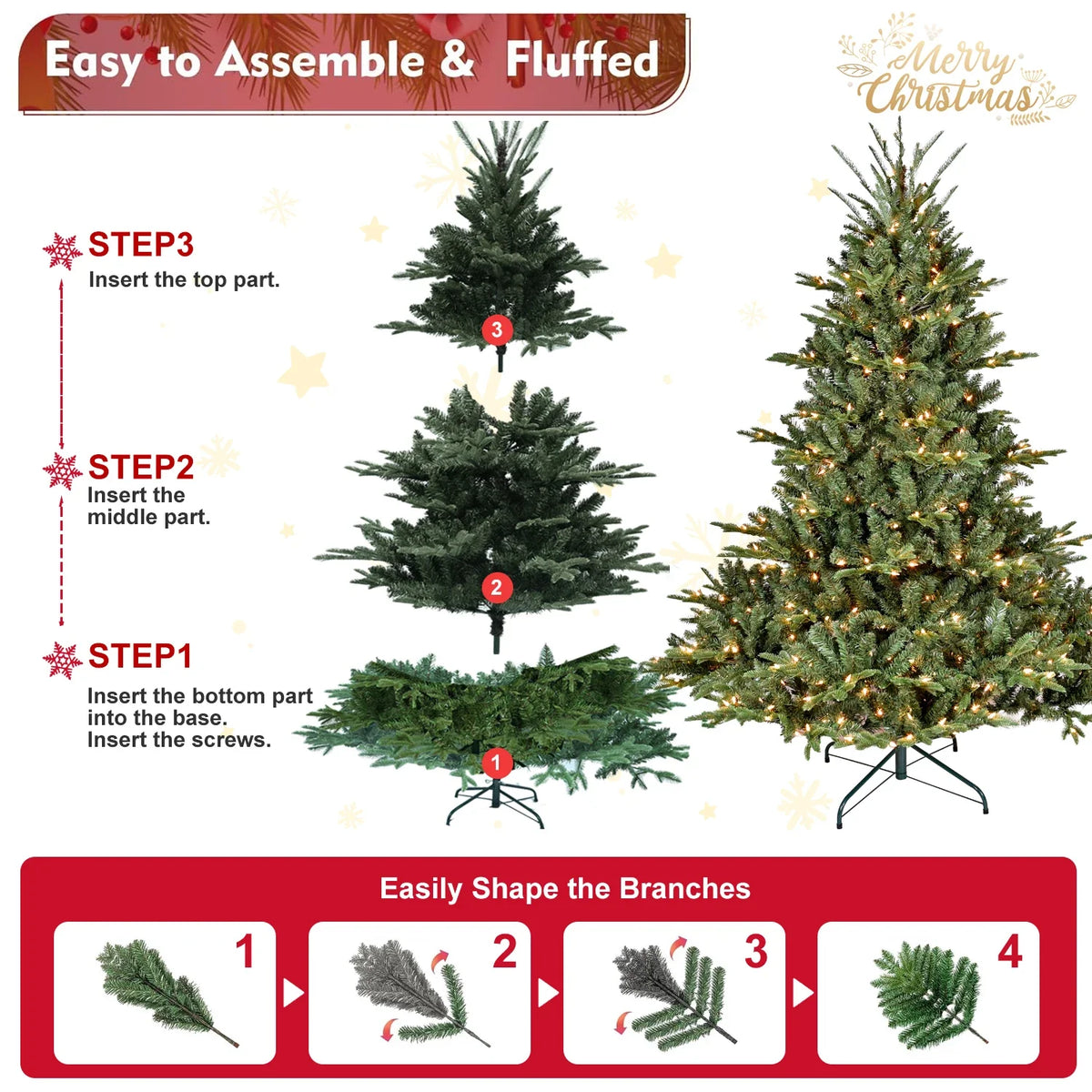 Pre-Lit Green PE/PVC Artificial Christmas Tree with Hinged Branches, 4–7.5 ft