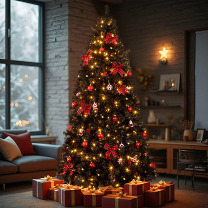 7.5FT Black Pre‑lit Artificial Christmas Tree, Hinged Xmas Tree with 350 Warm White LED Lights Remote Control, 1200 Branch Tips with Tree Skirt & Red Ornaments for Holiday Home Decor