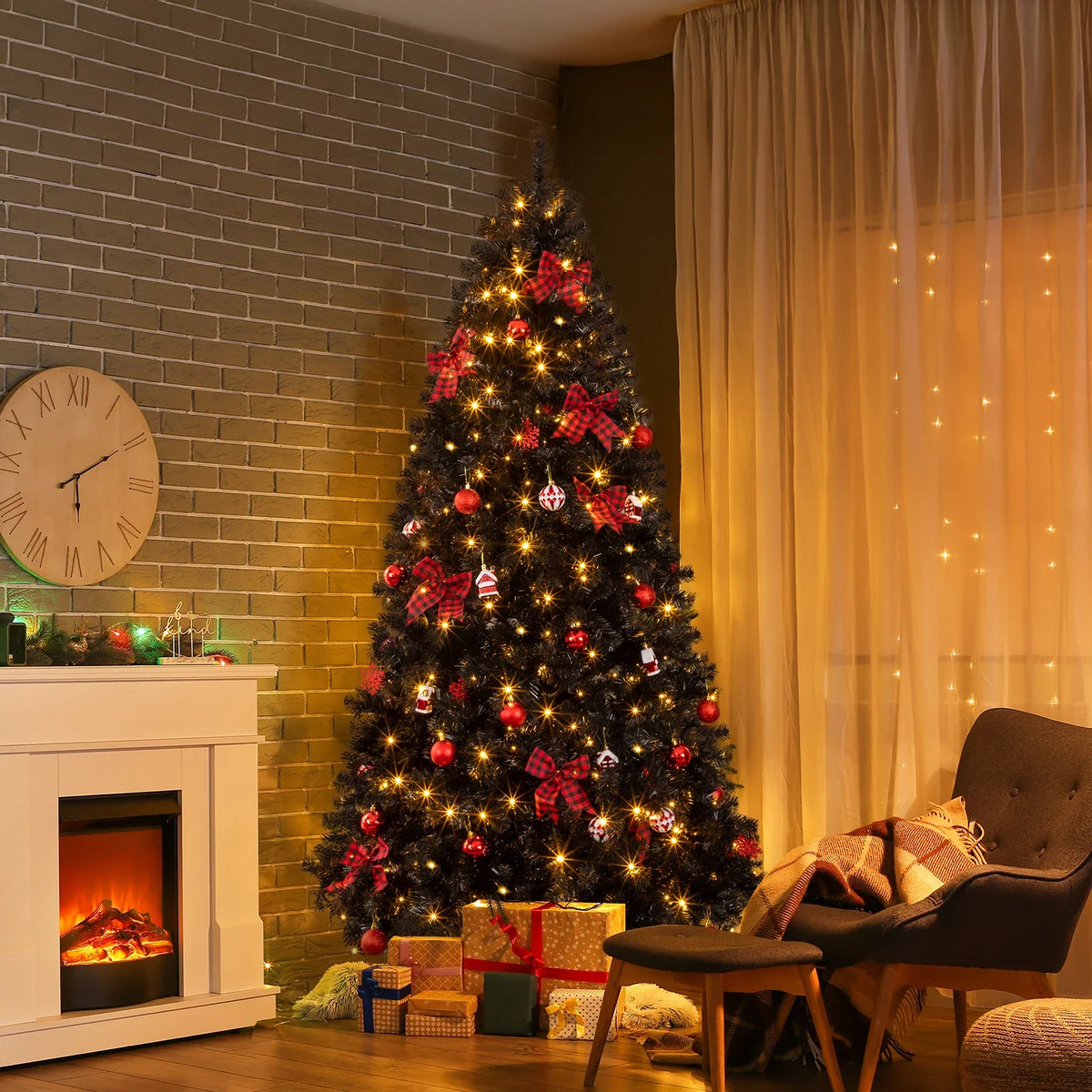 7.5FT Black Pre‑lit Artificial Christmas Tree, Hinged Xmas Tree with 350 Warm White LED Lights Remote Control, 1200 Branch Tips with Tree Skirt & Red Ornaments for Holiday Home Decor