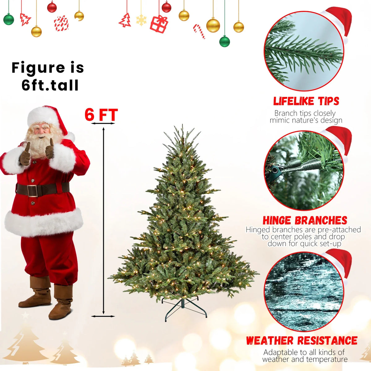 Pre-Lit Green PE/PVC Artificial Christmas Tree with Hinged Branches, 4–7.5 ft