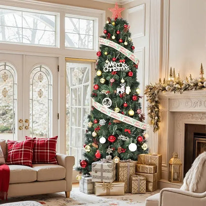 7Ft Artificial Christmas Tree, Pre Decorated Christmas Tree with Pine Cones & Red Berries, Metal Stand for Home, Xmas Trees for Home, Office, Shop Decoration