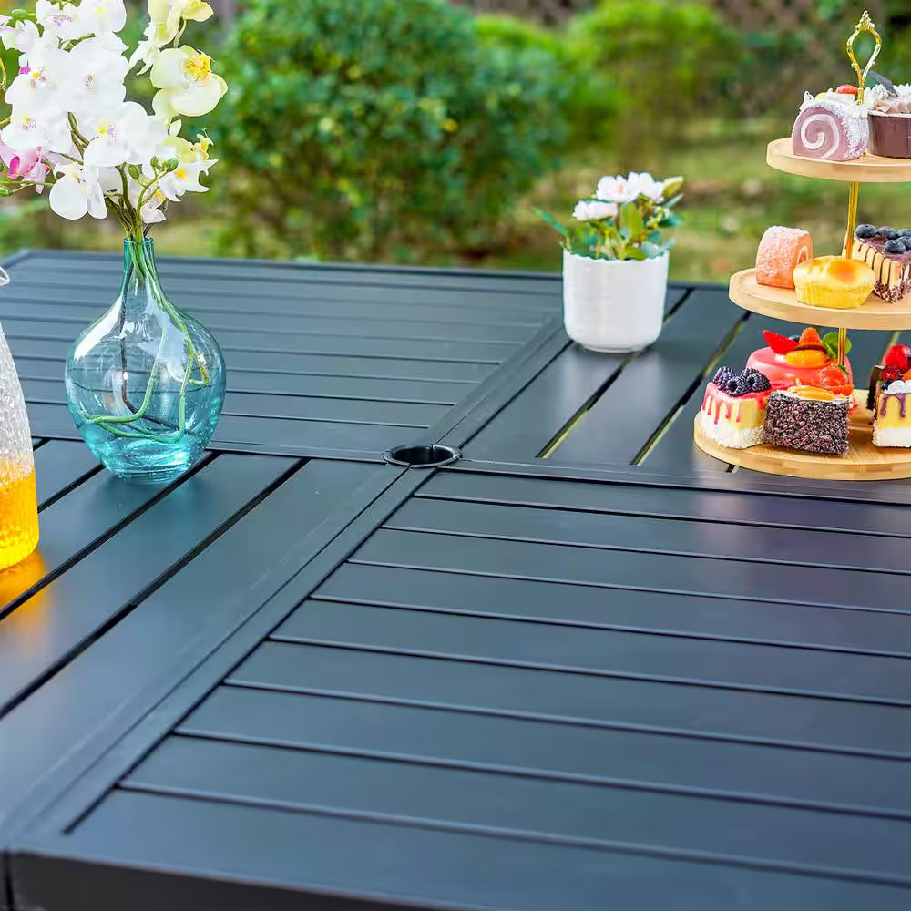 Black 9-Piece Metal Patio Outdoor Dining Set with Slat Square Table and Textilene Swivel Chairs